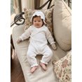 thumbnail image 5 of RUINIXCW Newborn Baby Girl Hospital Going Home Outfit Baby Girls Spring Fall Clothes Ruffle Trim Long Sleeve Wrapped Tie Romper Jumpsuit and Hat Set, 5 of 9