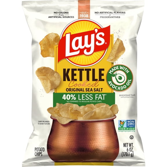 Lay's Kettle Cooked Reduced Fat Original Sea Salt Made With Avocado Oil Snack Chips, 6 oz Bag