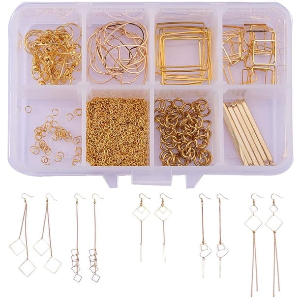 Kit de inicio para hacer aretes con 10 pares de cuadrados huecos geométricos, cadena de borlas largas clásicas con ganchos, suministros para hacer joyas, 1 caja