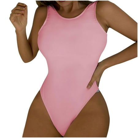 TrendVibe365 Bathing Suits for Women One Piece Pink Swimsuits Thong Solid Swimwear Beachwear M