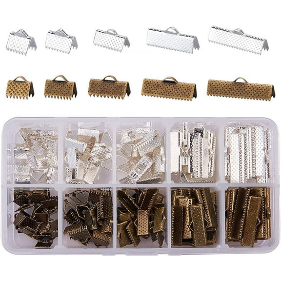 PH 200pcs 5 Size Ribbon Ends Bronze Silver Iron Bracelet Bookmark Pinch Crimp Clamp Cord Ends Fasteners Clasp Leather Crimp Ends for Jewelry Making colorful