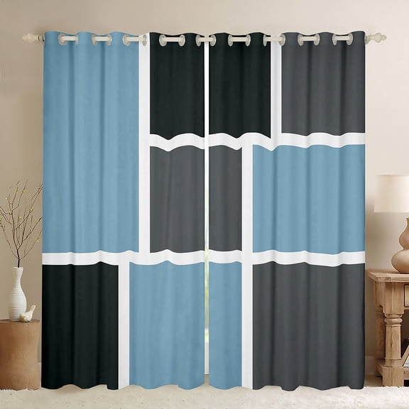 Feelyou Adult Chic Plaid Black Out Curtains, Fashion Artwork Buffalo Curtains Pack of 2 (42x63 Each), Blue Grey Abstract Ombre Bedroom Curtains, Living Room Curtains Decor