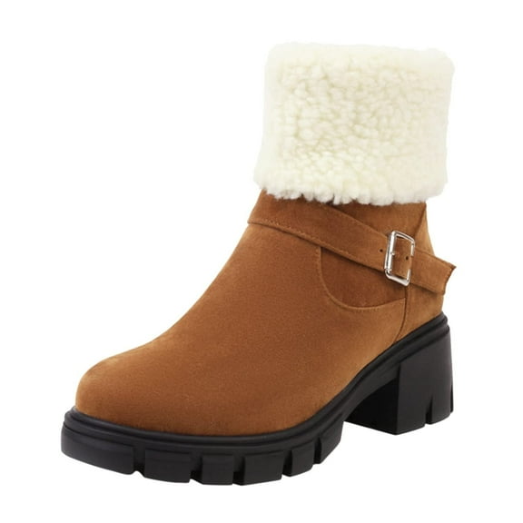 Women's Winter Boots Suede Buckle Ankle Booties Warm Fuzzy Fleece Lined Snow Boots Comfortable Outdoor Shoes Brown 35