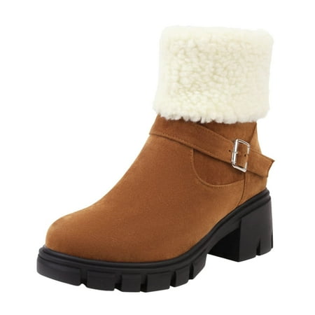 

Womens Winter Boots Womens Boots Womens Retro Keep Warm Solid Warm Boots Women Round Head Boots High Heeled Shoes Brown