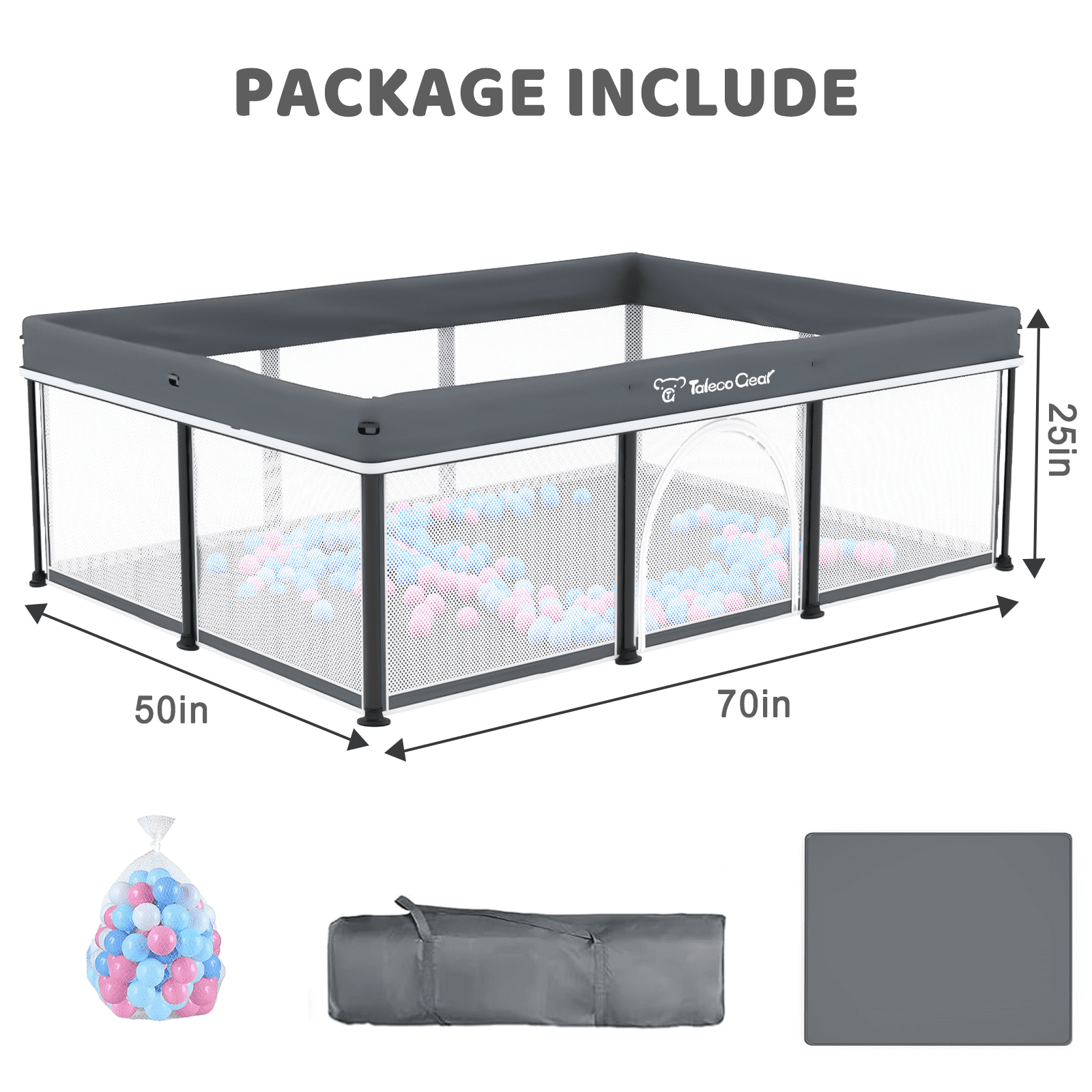 Foldable Baby Playpen with Mat, Collapsible Play Pen for Babies and Toddlers, Indoor & Outdoor Kids Safety Play Pen, Portable Play Yard with 50 Ocean Balls, 50"×70", Gray