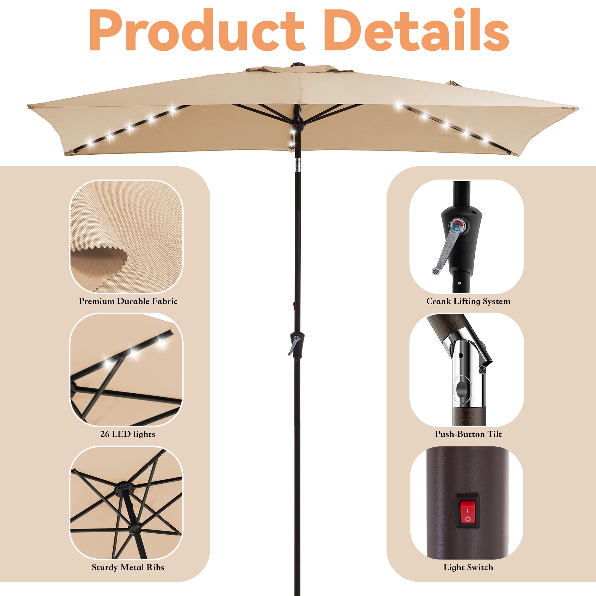 FANDAZE 6.5'x10' Solar LED Rectangular Patio Umbrella with Crank, 6 Heavy-Duty Ribs UV Protection for Garden, Deck, Backyard and Poolside, Beige