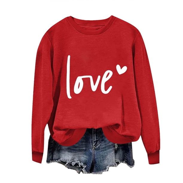 Penkiiy Día de San Valentín Sudadera para Mujeres Lindo Amor Camisetas Corazón Casual de manga larga Camiseta de San Valentín Ropa Tops S Rojo
