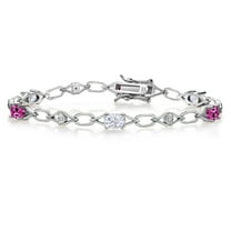 Gem Stone King 925 Sterling Silver White Moissanite and Pink Created Sapphire and Round White Lab Grown Diamond Tennis Bracelet for Women (3.04 Cttw, Gemstone Birthstone, Oval 6X4MM, 7.25 inches)