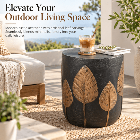 Outdoor Lightweight Concrete Side Table, Boho Leaf Pattern, Black/Copper
