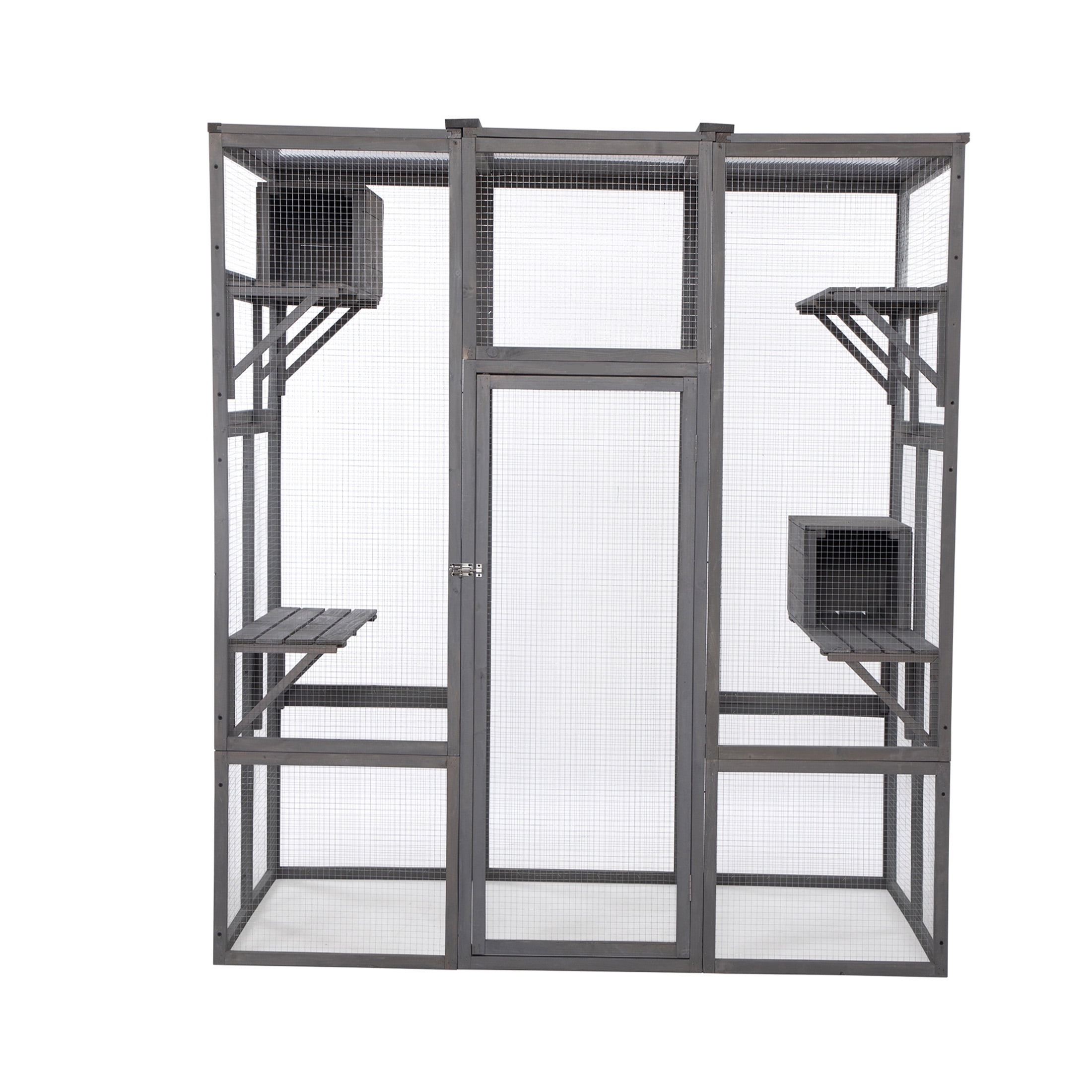 JERFIT Large Outdoor Cat Enclosure with Roof, Multi-Level Indoor/Outdoor Cat Cage Playpen with Lockable Door, Wooden Catio for Multiple Cats, Gray