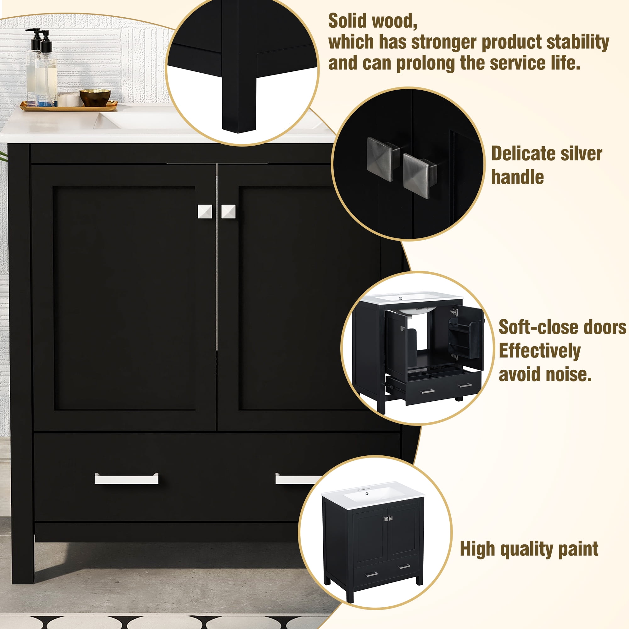 Harper & Bright Designs 30" Bathroom Vanity with Sink Combo, Bathroom Cabinet with Ceramic Top, Multifunctional Storage Doors and Drawer, Black