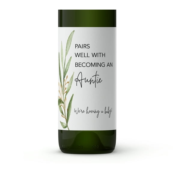 Pairs Well With Becoming an Auntie ● SET of 4 ● Pregnancy Announcement Wine Labels, Baby Announcement to Friends Wine Label, Pregnancy Reveal Gift, Alternative to Card, Waterproof (Greenery)