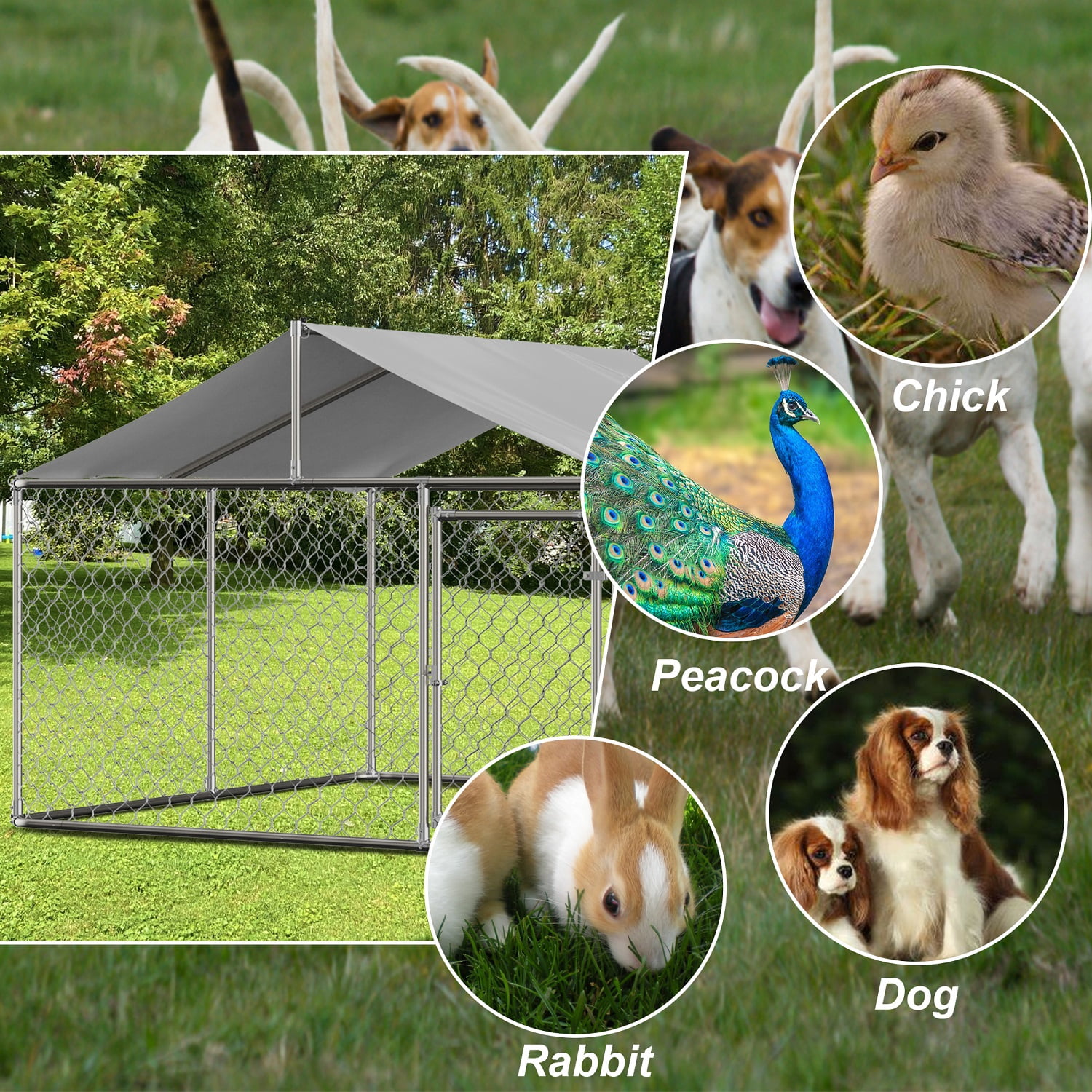 Large Outdoor Dog Kennel, Heavy Duty Galvanized Steel Dog Enclosure with Waterproof UV-Resistant Cover, Lockable Door Chain Link Playpen for Large Pets (118" L x 118" W x 71" H)