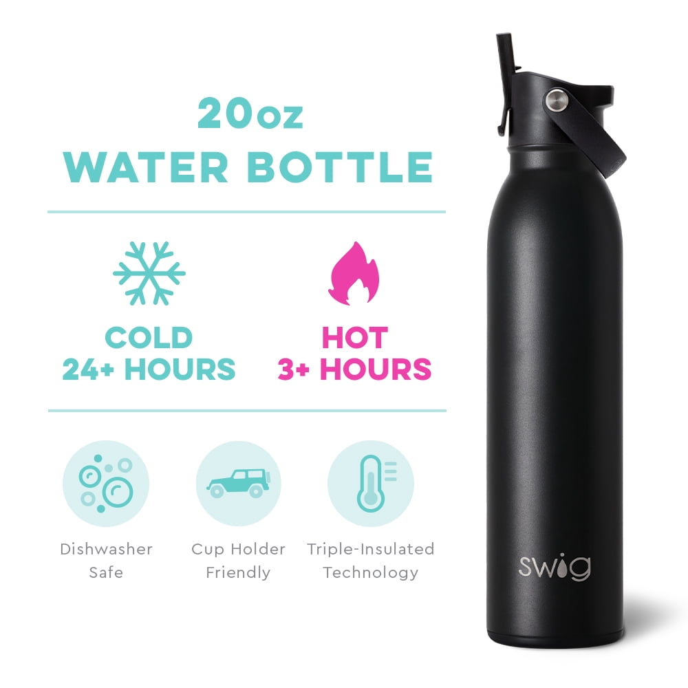 Swig Life 20oz Flip + Sip Bottle | Insulated Stainless Steel Water Bottle with Straw | Black