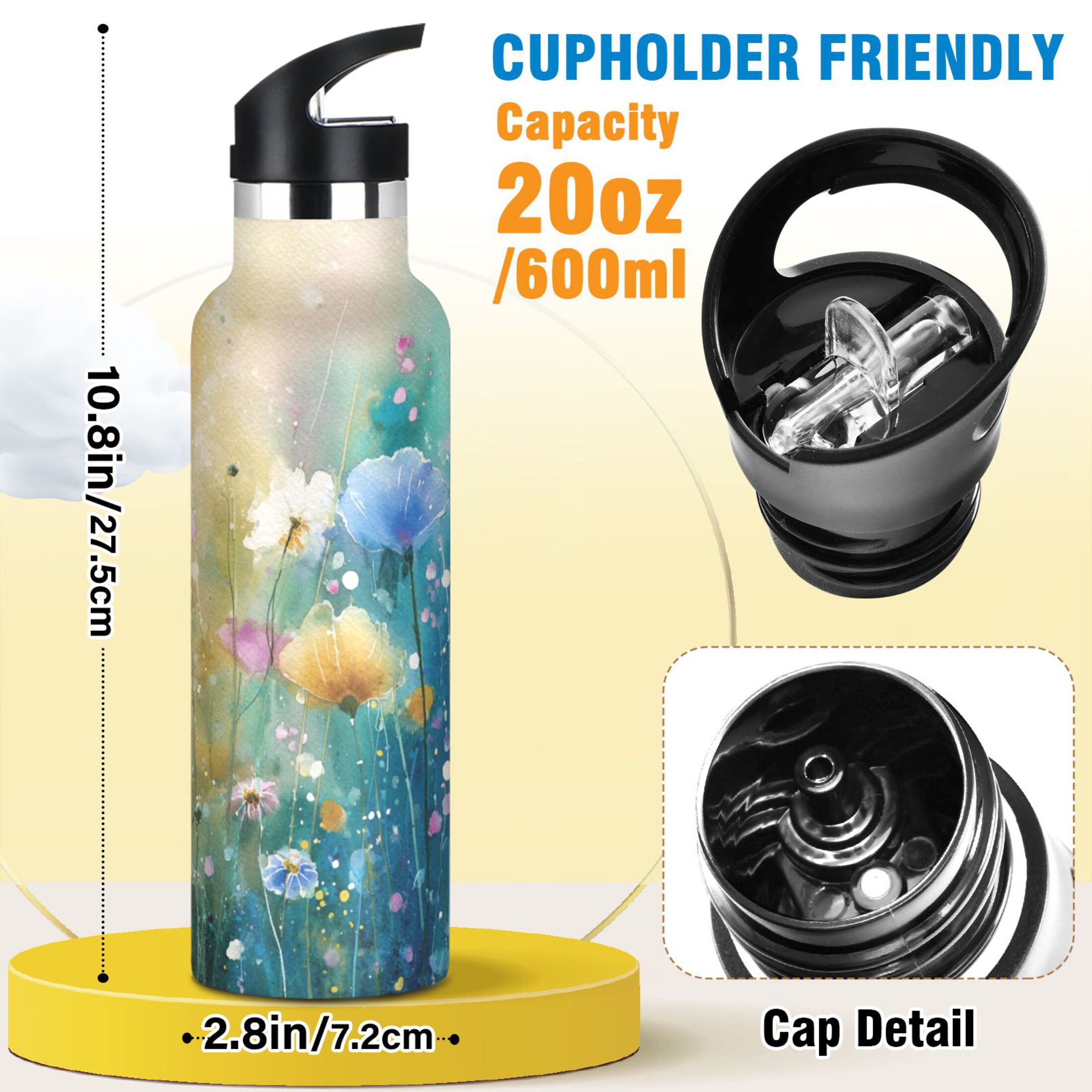 Kids Insulated Stainless Steel Sports Water Bottle 600ml (20oz) Watercolor Wildflowers