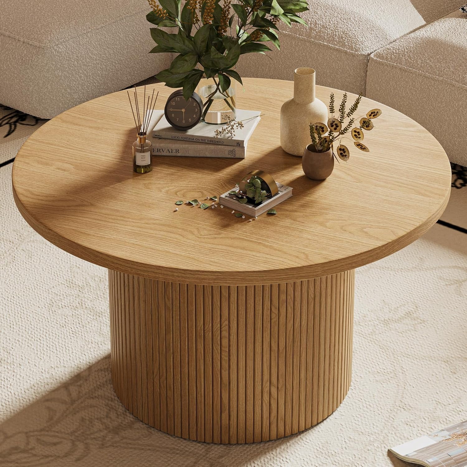 FURNIWAY Round Coffee Table with Storage, 35" Coffee Tables for Living Room, Circle Wood Accent Center Table for Apartment, Oak