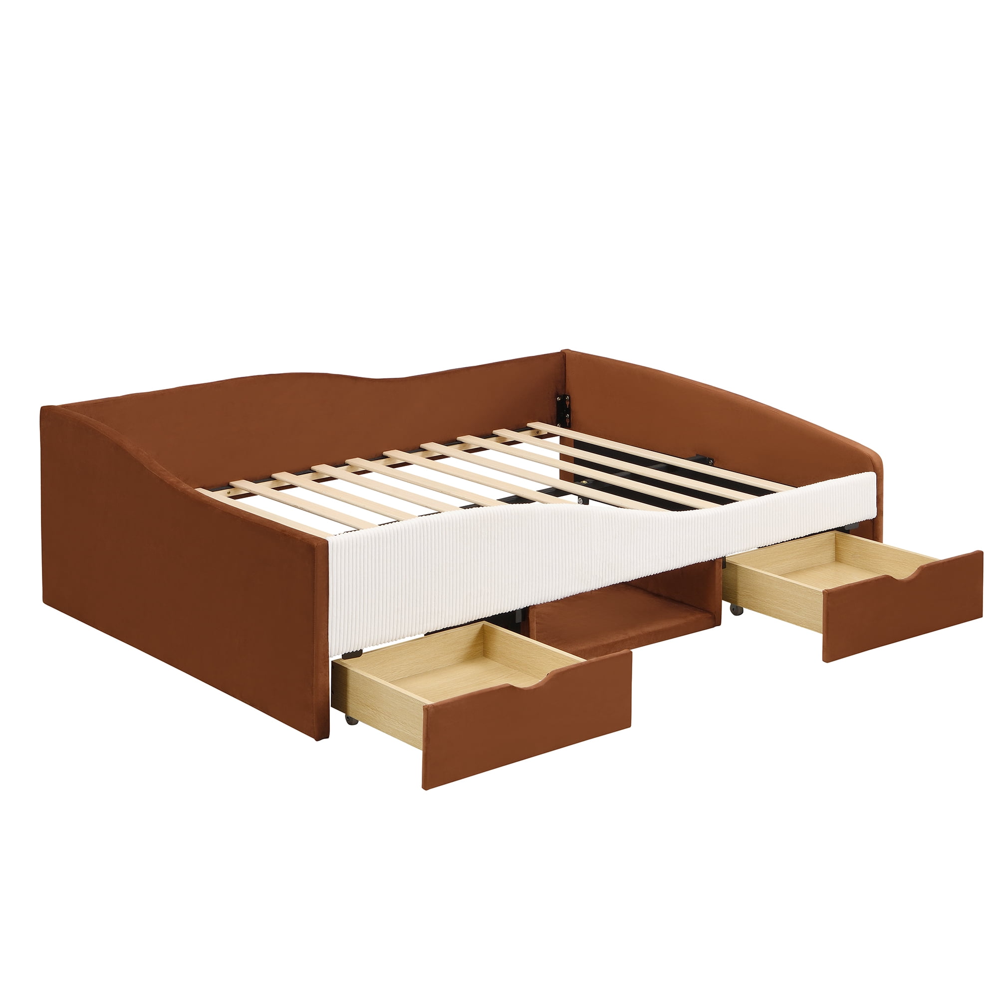 Mintazer Full Size Cool Upholstered Daybed Frame with 2 Storage Drawers & Open Shelf & Guardrail for Kids Boys Girls, Brown