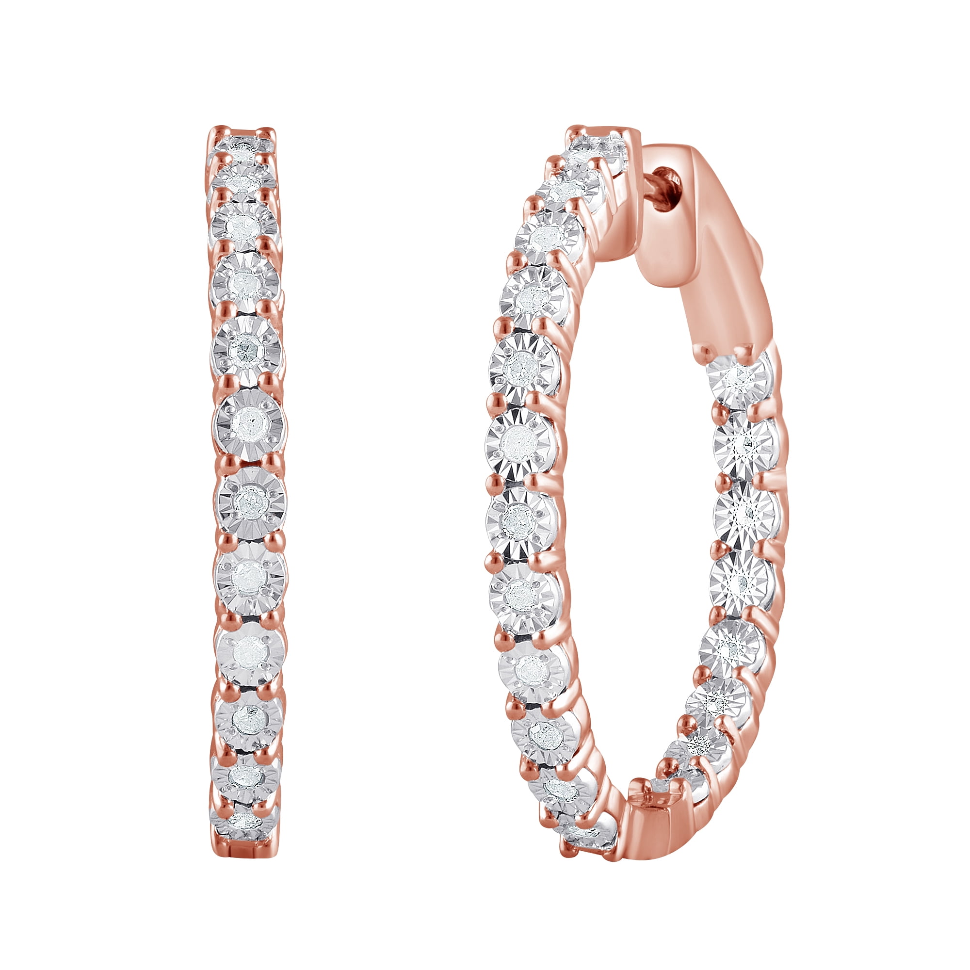 1/2 Carat T.W Sterling Silver Pink Plated Hoop Earring and Bolo Bracelet 2 Pcs set