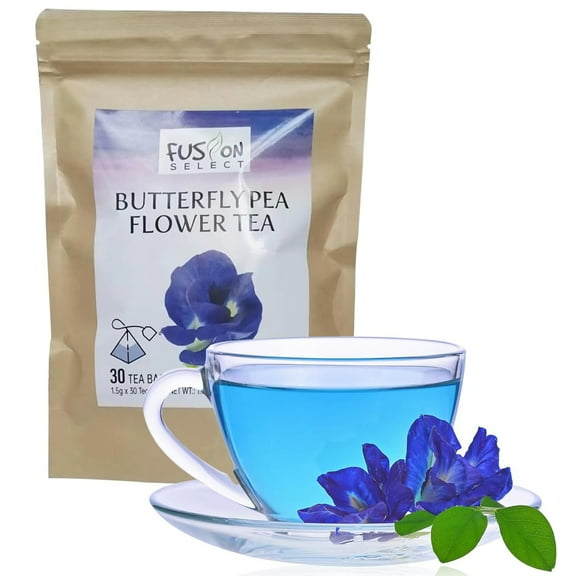 Fusion Select Blue Butterfly Pea Flower Tea Bags - Herbal Infusion for Calmness, Relaxation, Wellness - Rich in Antioxidants, Vitamins A, C, E - Zero Calories, Sugar, Fat - 1.3g, 30 Natural Tea Bags