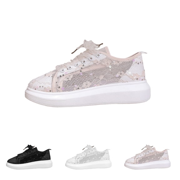 Womens Lace Sneakers Fashion Mesh Low Cut Canvas Shoes Lace Crochet Lace Up Walking Running Tennis Shoes Lightweight Breathable Flat Wedding Shoes Bridal Sneakers, 37