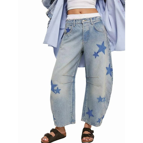 Women'S Casual Loose Wide Leg Mid-Rise Straight Jeans Y2k Boyfriend Style Jeans Denim Cropped Pants Blue Pentagram XL