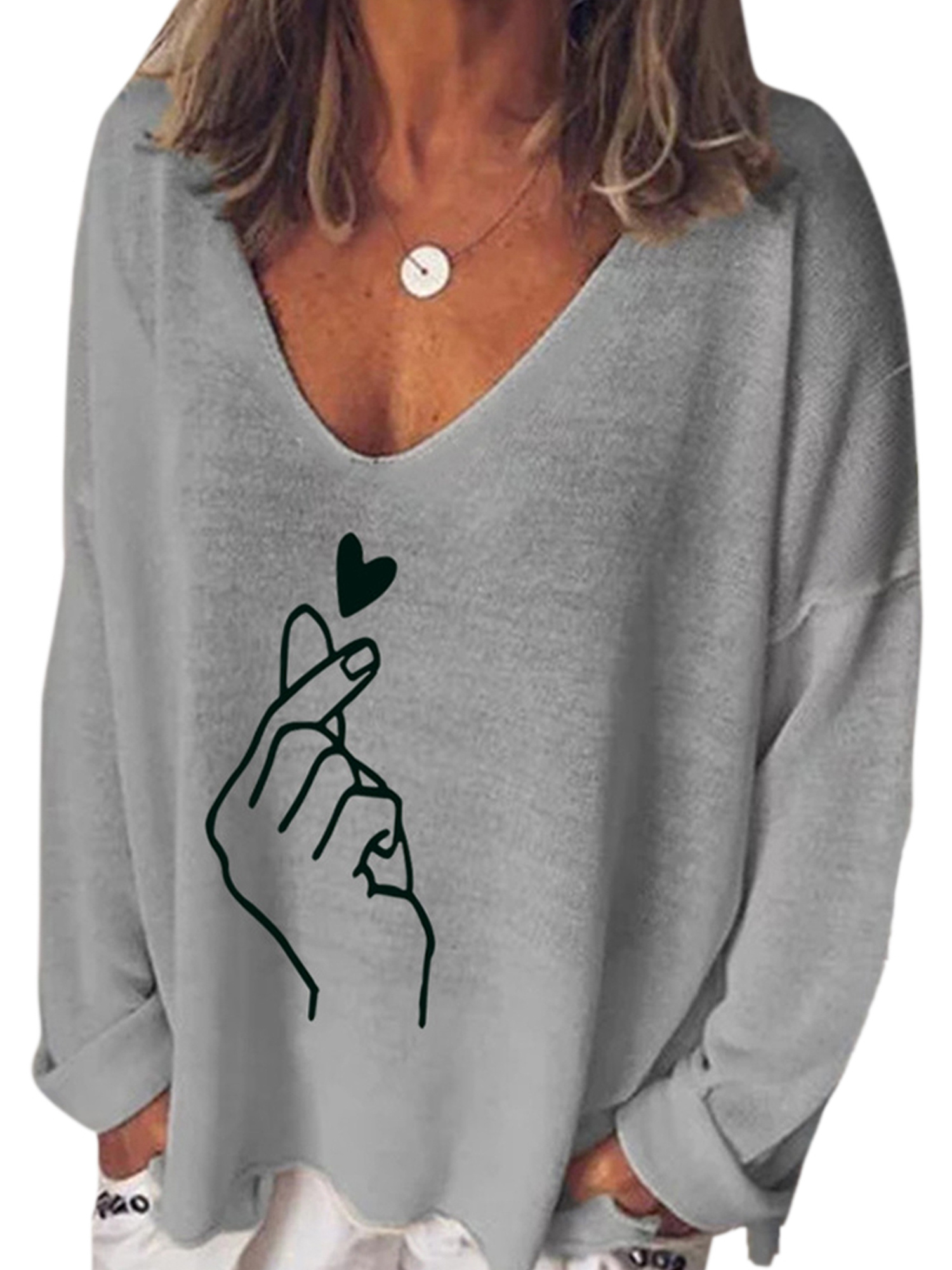 Eleluny Women V Neck Loose TShirt Long Sleeve Casual Tops Blouse Plus