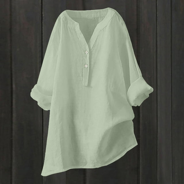 RXIRUCGD Hauts en Coton et Lin à Manches Longues Col en V Ample et Polyvalent pour Femmes, Vert Menthe, Taille : S