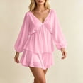 thumbnail image 4 of Women's V Neck Puff Long Sleeve Tiered Ruffle Mini Dress, Solid Elastic Waist Flowy Chiffon Summer Swing Short Dress Pink M(M), 4 of 5