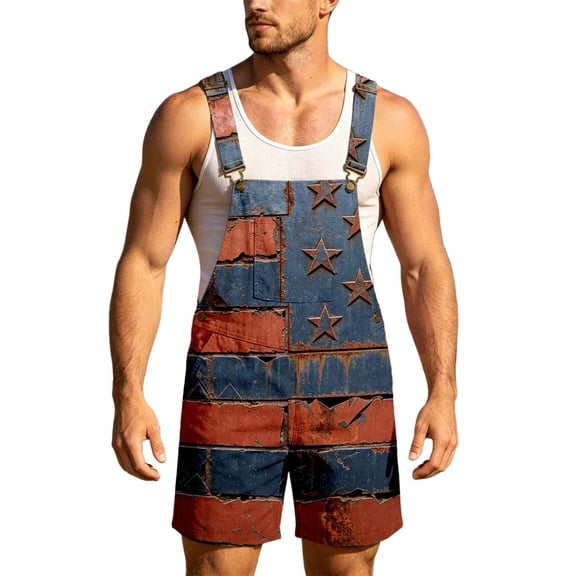 WERYOUNG Casual Denim Overalls For Man Patriotic American Flag Suspender Shorts Independence Day USA Festival Jumpsuit Trendy Onesie L