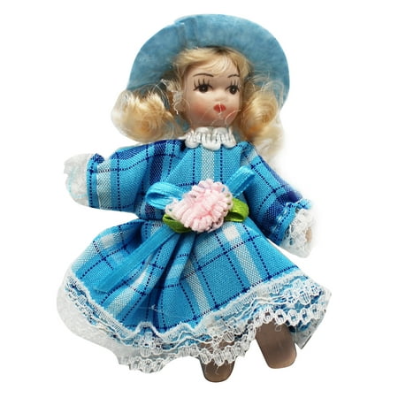 Miniature Porcelain Doll With Light Blue Dress and Blond Hair - By Ganz