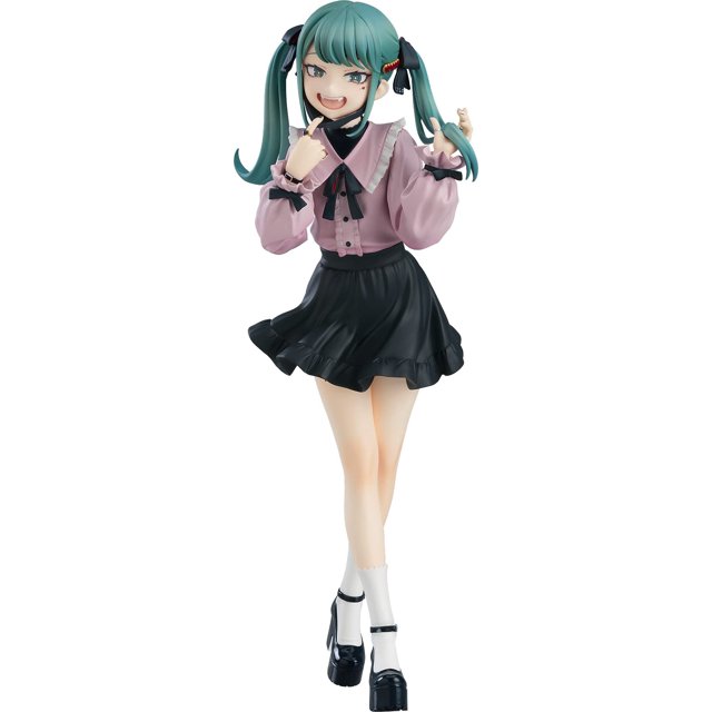 figura serie vocal de personajes de good smile company 01: hatsune miku (the vampire ver.) pop up parade l Pop Up Parade L de Hatsune Miku con coletas verde aguamarina, blusa rosa con volantes y lazo negro, falda negra plisada, medias blancas y zapatos negros, vista frontal de cuerpo entero, mide aproximadamente 9.4 pulgadas, ideal para coleccionistas.