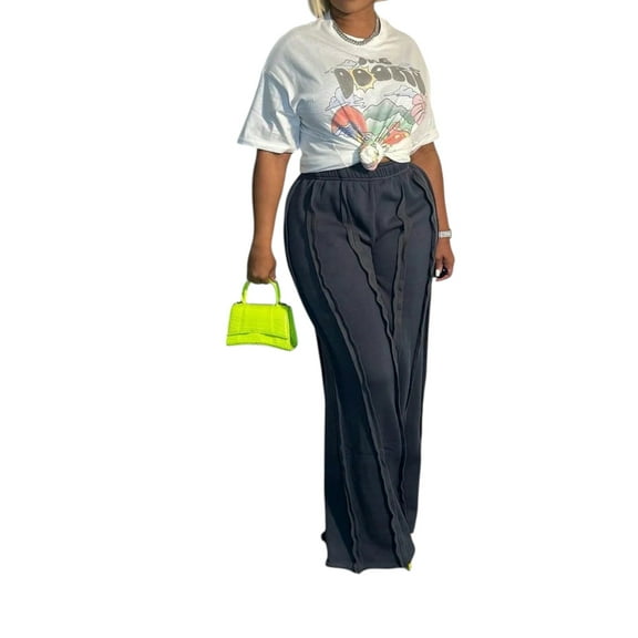 SNDEGD Women's Dark Grey Wide Leg Pants with Elastic Straps Ruffled Details  and Casual Summer Sports Women's  Plus Size Street Jogging Pants