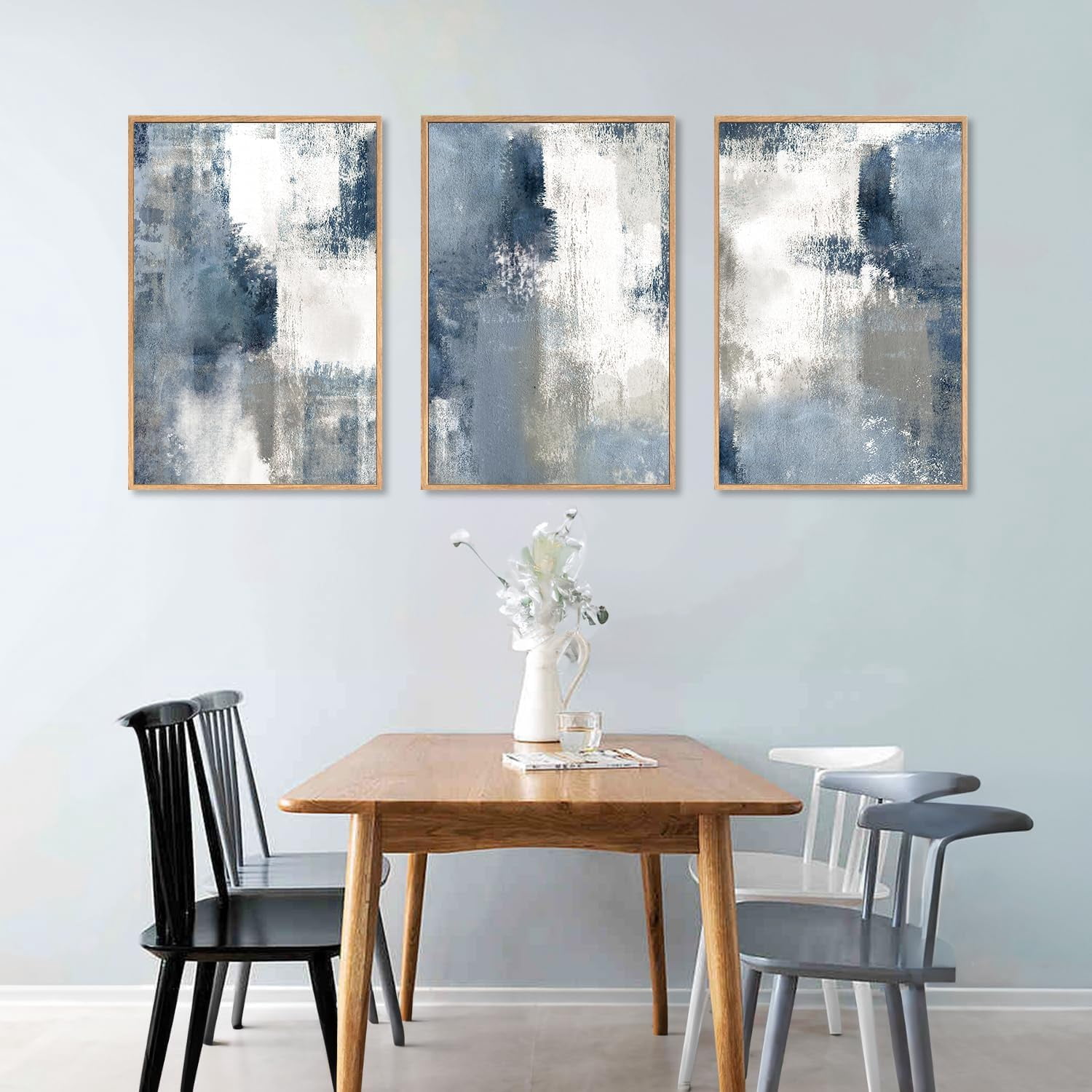 Large Navy Blue and Gray Framed Canvas Wall Art Set,Modern Abstract Wall Decor,Brush Strokes Block Shape Artwork,Minimalist Neutral Blue Printing for Living Room,Bedroom, Office-16''x24''x3