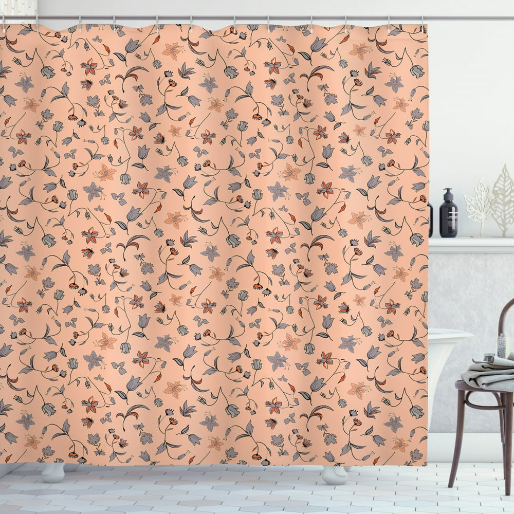 Peach Colors Shower Curtain, Abstract Autumn Botany and Flora in Warm