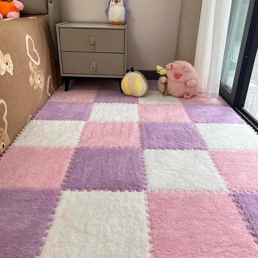 10PCS Fluffy Plush Interlocking Foam Mat Tiles, 12"x12" Thick Padded Playroom Carpet with Border, Play Mat Floor Tiles Thick Padded Squares Foam Tiles for Decor