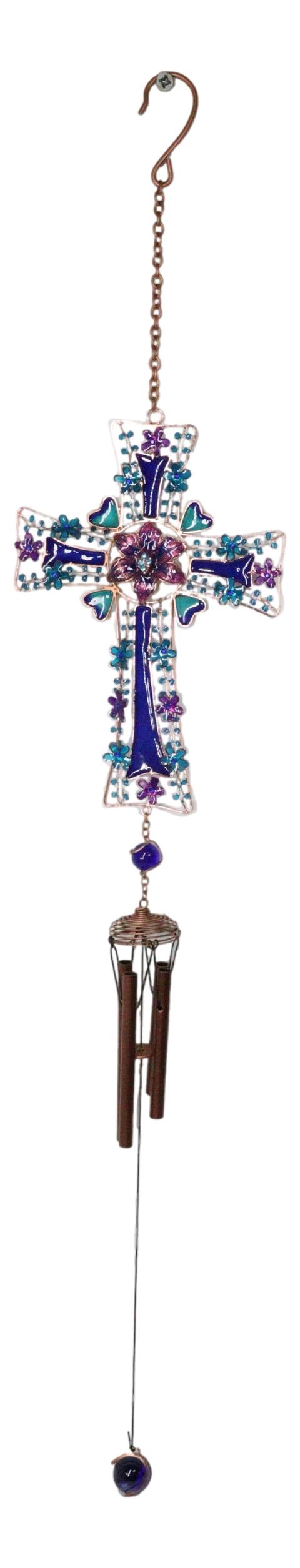Blue Floral Aquamarine Cross With Gemstones Metal Scroll Filigree Wind Chime