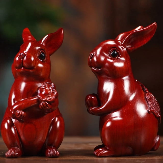 Rosewood carved rabbit figurine, a zodiac rabbit mascot for home, living room, and office decorations.