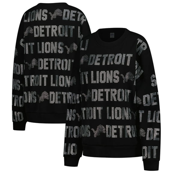 Women's Gameday Couture Black Detroit Lions Oversized Hype Era Rhinestone Text Sweatshirt