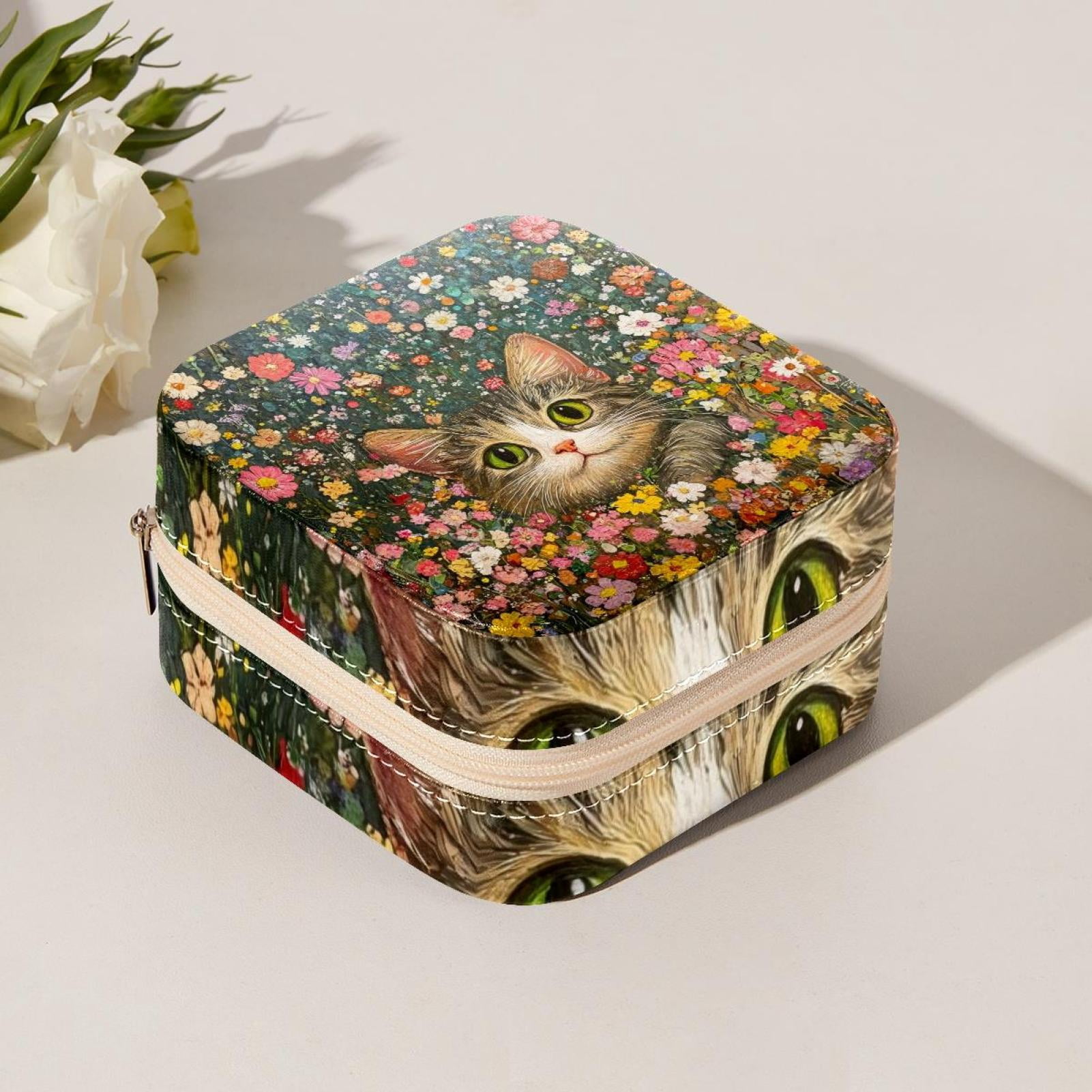 PhooArto Small Jewellery Box, Colorful Flowers and Cat Portable Travel Mini Jewelry Case for Women Leather Ring Organizer
