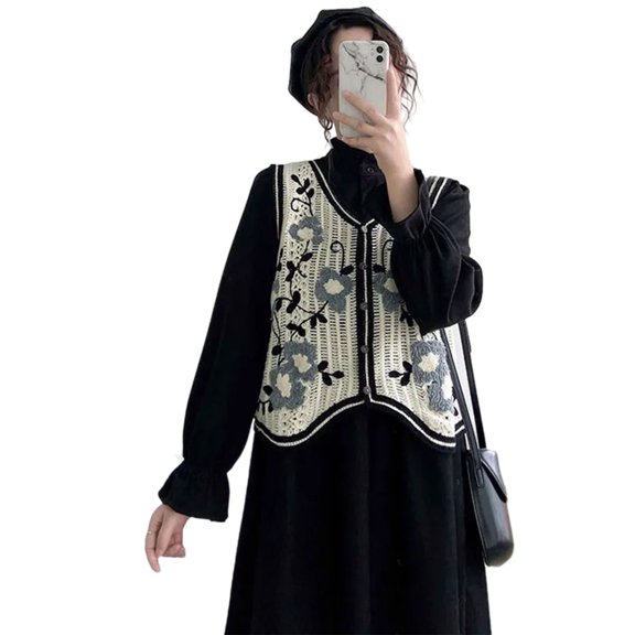 Aellinatey Women Crochet Sweater Vest Sleeveless V-Neck Button Down Cardigan Preppy Style Hollow Out Knit Diamond Plaid Waistcoat
