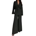 thumbnail image 2 of Women's Casual Lounge Two Piece Outfits Long Sleeve V Neck Wrap Tie Waist Shirt Wide Leg Pants Sets Black L, 2 of 10