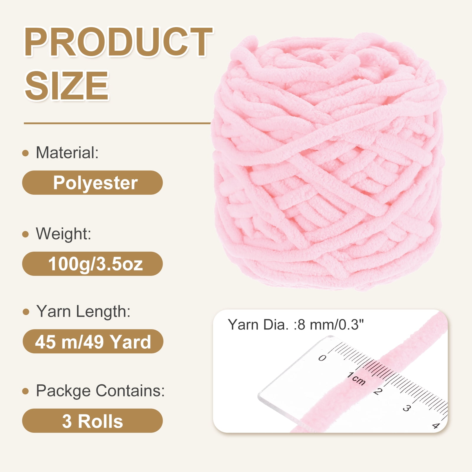 Uxcell 3 Pcs Blanket Yarn, 49 Yards Fluffy Velvet Plush Bulky Thick Chenille Chunky Yarn for Soft Velvet Blanket Shawl Scarf Crochet Hand Knitted Crafts, Light Pink