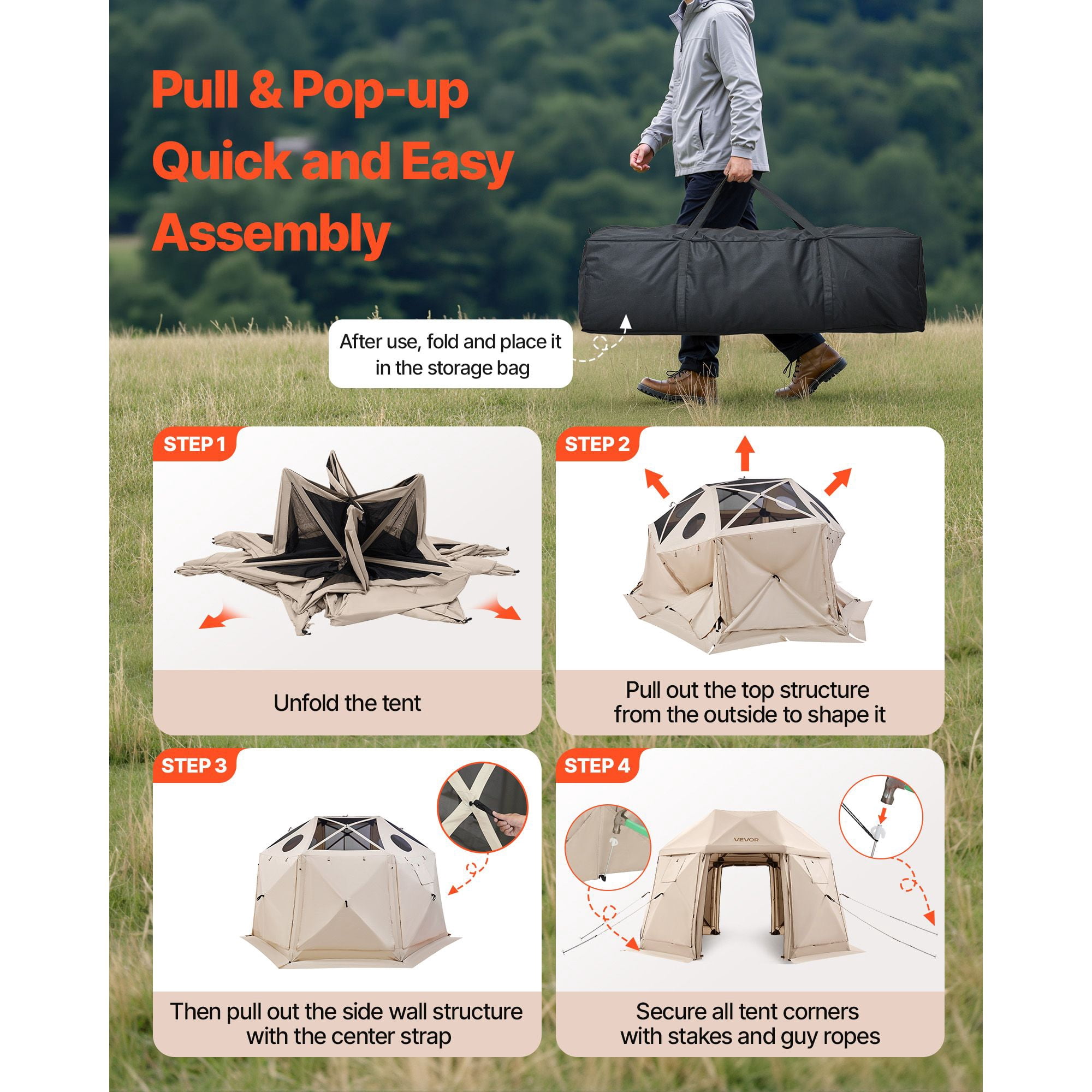 Pop up Gazebo Screen Tent, 12 x 12 ft, 13-Sided Spherical Camping Canopy Tent with Removable Top & Carry Bag, Quick-Set & Bite-Proof, Screen House Sun Shelter for 8-10 Persons, Beige