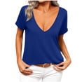 thumbnail image 3 of HVOBTTY Women's Summer Fashion Solid Color Short Sleeve V Neck Pullover Slim Soft Breathable Daily Basic Comfy Beach Tee Shirt Blue, S, 3 of 5