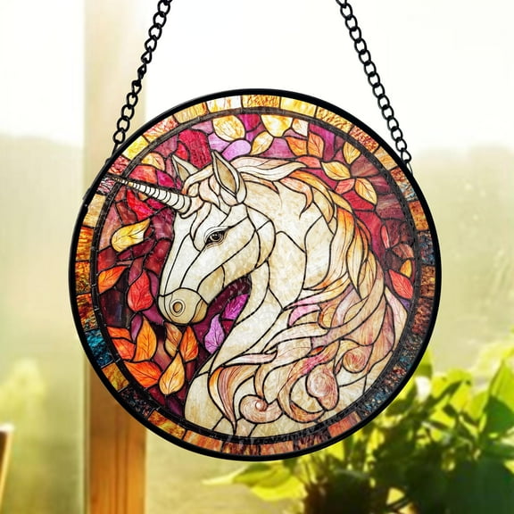 Unicorn Stained Glass Suncatcher, Autumn Leaves Fantasy Window Decor, Magical Fairytale Style Art, Gift for Unicorn Lovers and Dreamers