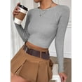 thumbnail image 3 of Women's Fitted Ribbed Crewneck Long Sleeve Crop Tops Tee Shirts, 3 of 4