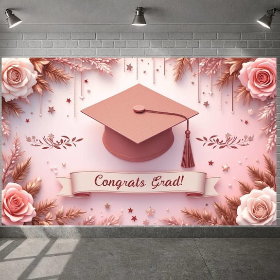 Rose Gold Theme Graduation Banner Pink Grad Backdrop Star Decor Leaf Ornament Academic Background for Graduation Ceremony Grad Party Photo Shoot