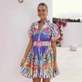 thumbnail image 3 of Women's Casual Boho Linen Puff Sleeve Belted Waist Mini Shirt Dress, Colorful Floral Print Flowy Summer Sundress for Beach Vacation Resort Wear, 3 of 7