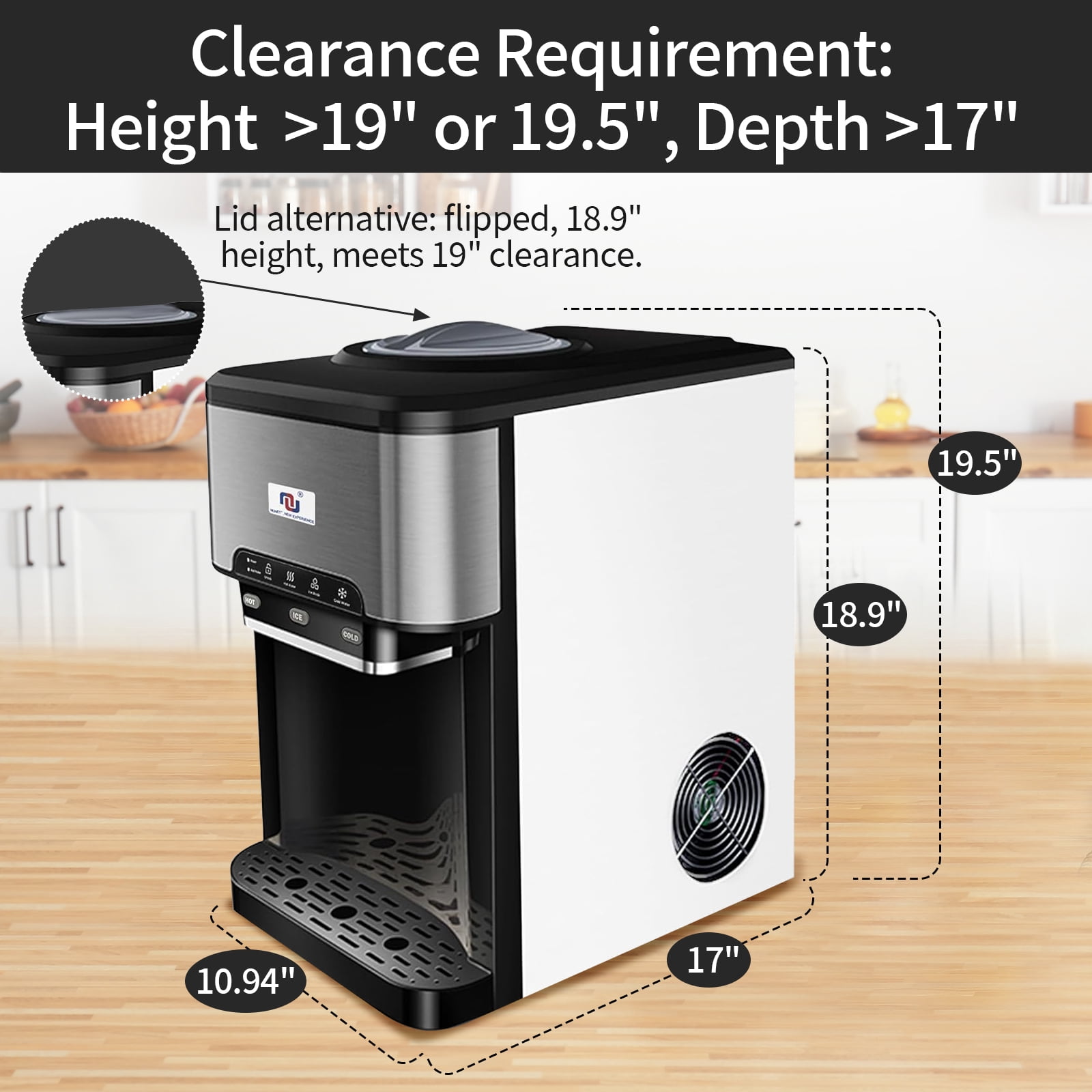 Portable Ice Maker Water Cooler Dispenser 3-in-1, Countertop Model with Built-in Ice Maker, Includes 10 Ft Water Inlet Hose, Produces 44 lbs of Ice Daily, 4lb Ice Storage (ice Maker+Hose)