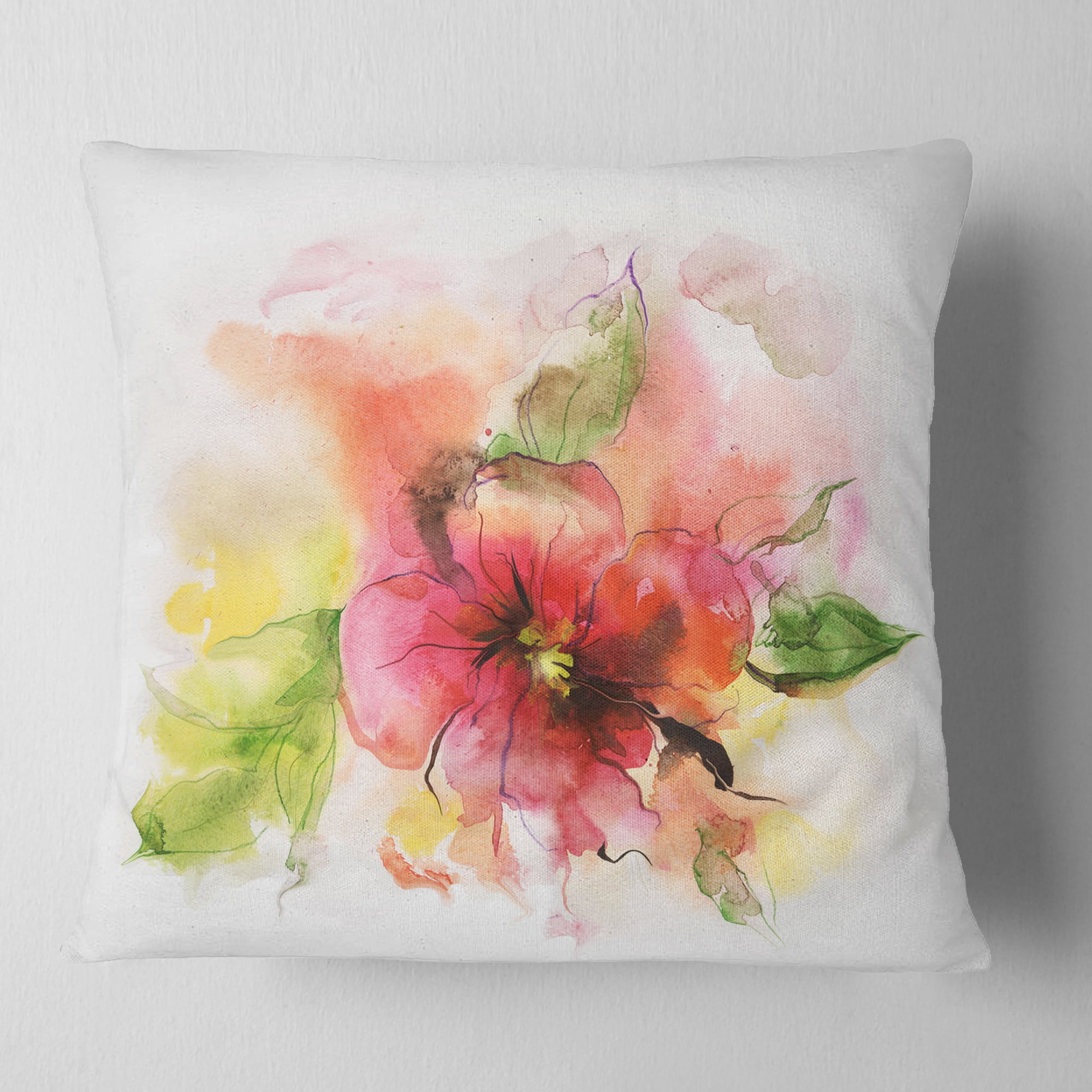 Designart Pink and Red Floral Design - Watercolor Floral Throw Pillow - 16x16